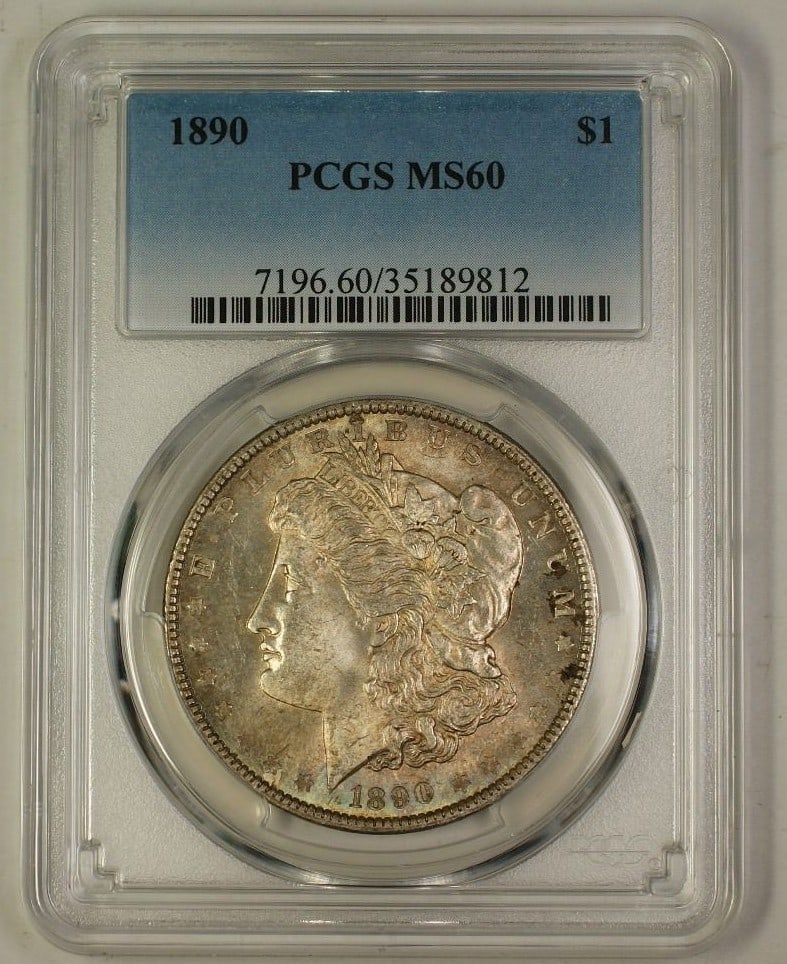 PCGS MS60 1890 Morgan Dollar Silver Coin Toned: PCGS MS60 1890 Morgan Dollar Silver Coin Toned This is an 1890 US Morgan Silver Dollar graded MS-60 by PCGS. The coin is uncirculated and features attractive toning. Minted in Philadelphia, it is comp