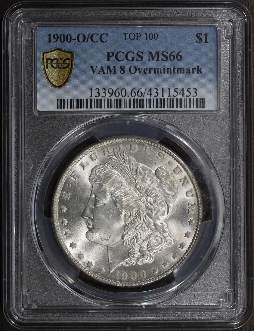 Morgan Silver Dollar 1900-O CC PCGS MS66 VAM 8: Morgan Silver Dollar 1900-O CC PCGS MS66 VAM 8 This is a 1900 Morgan Silver Dollar featuring the O/CC overmintmark variety (VAM 8). Certified by PCGS with a grade of MS66, this coin was minted in New 