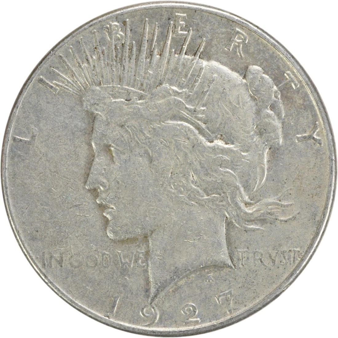 1927 S $1 Peace Dollar Silver EF Uncertified: 1927 S $1 Peace Dollar Silver EF Uncertified 1927-S Peace Silver Dollar in EF grade. This circulated, uncertified coin is composed of silver and has a pre-owned condition. Specifications Coin: Peace D
