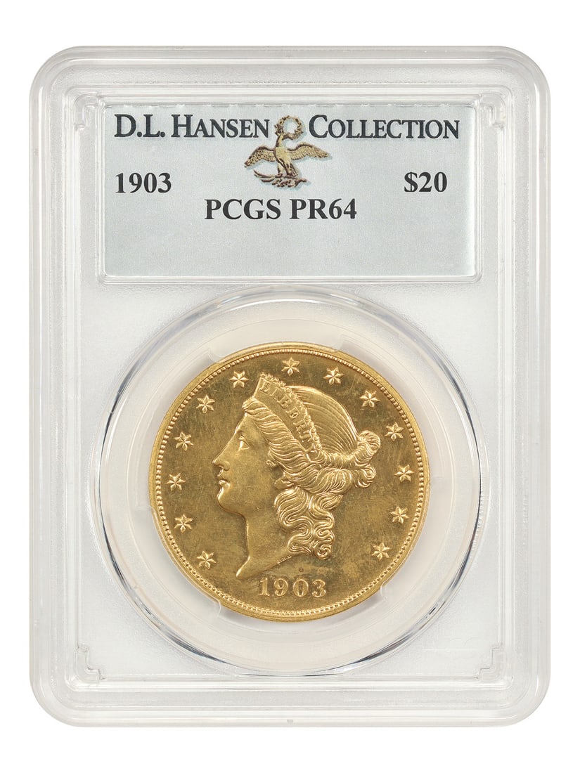 1903 Liberty Head $20 Gold Coin PCGS PR64 ex D.L. Hansen: 1903 Liberty Head $20 Gold Coin PCGS PR64 ex D.L. Hansen 1903 Liberty Head $20 gold coin graded PR64 by PCGS and certified with certification number 83589683. Ex: D.L. Hansen. This uncirculated Philad