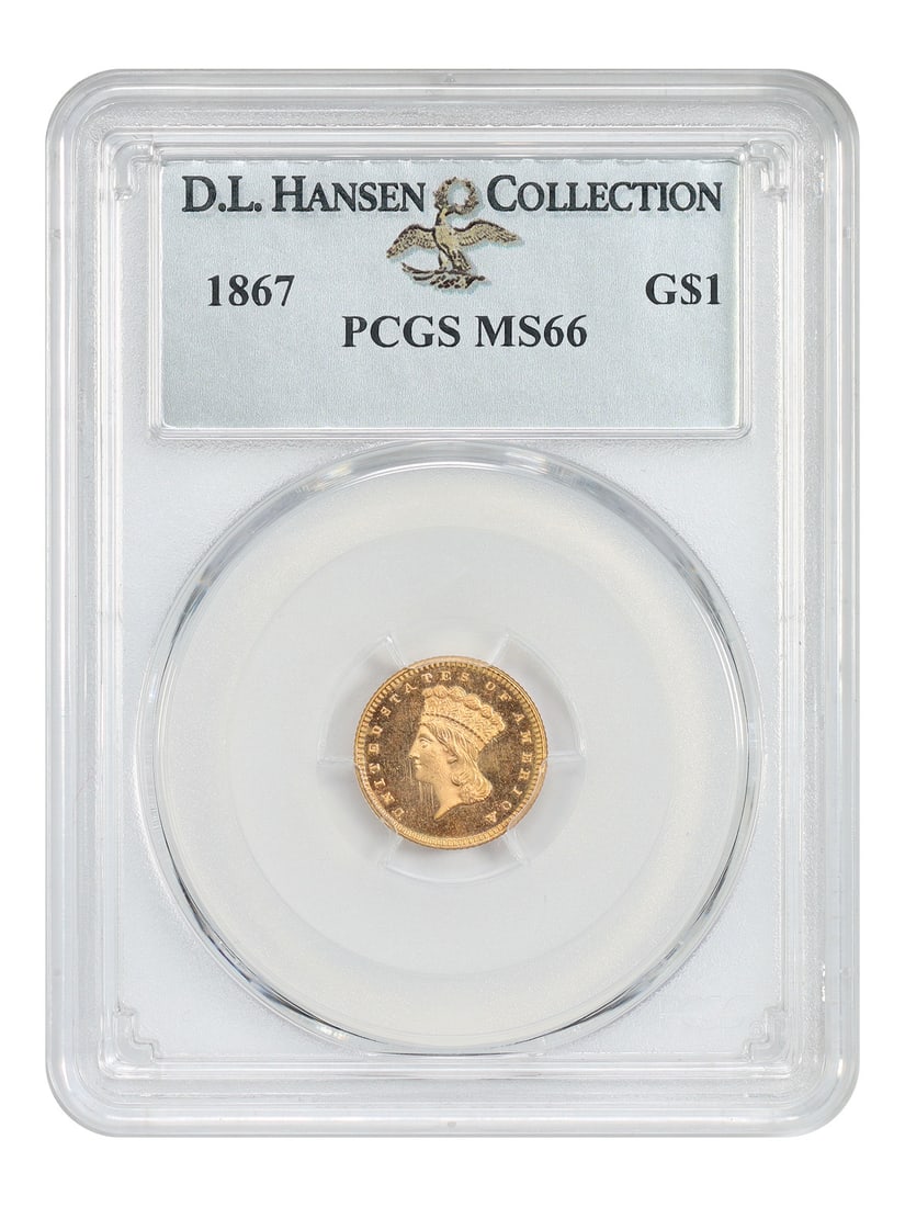 1867 Gold Dollar G$1 PCGS MS66 Limited Mintage Ex D.L. Hansen: 1867 Gold Dollar G$1 PCGS MS66 Limited Mintage Ex D.L. Hansen This 1867 G$1 coin is a remarkable example of a Gold Dollar, certified by PCGS with a grade of MS66. It boasts uncirculated status and com