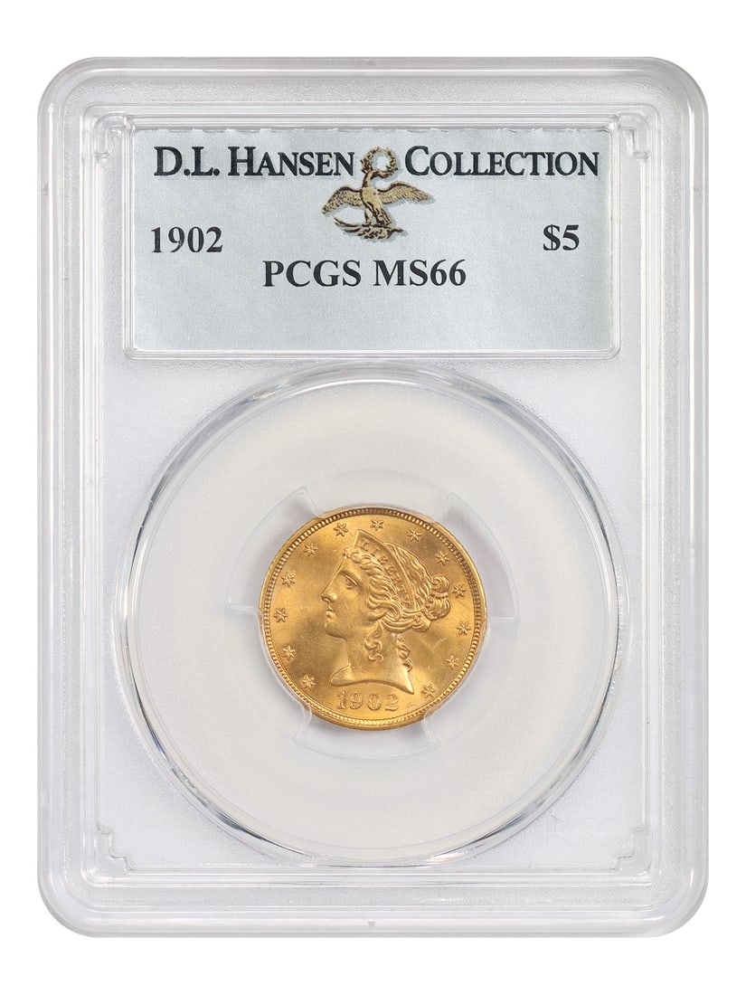 1902 Liberty Head $5 Gold Coin PCGS MS66 ex D.L. Hansen: 1902 Liberty Head $5 Gold Coin PCGS MS66 ex D.L. Hansen 1902 Liberty Head $5 gold coin, graded PCGS MS66 and ex: D.L. Hansen. This uncirculated example was struck in Philadelphia. The business-strike 