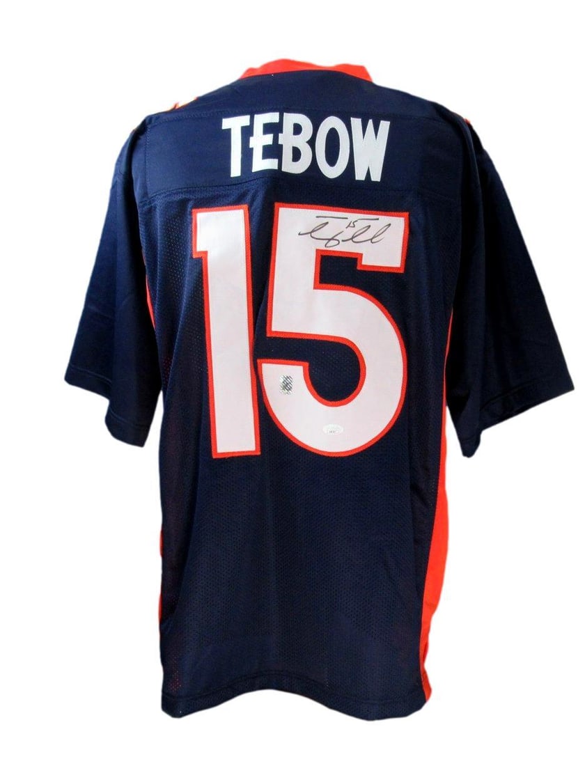 Tim Tebow Autographed Denver Broncos Jersey with JSA Authentication: Tim Tebow Autographed Denver Broncos Jersey with JSA Authentication This Tim Tebow Autographed Denver Broncos Custom Jersey is a must-have for any football fan. Authenticated by James Spence Authentic
