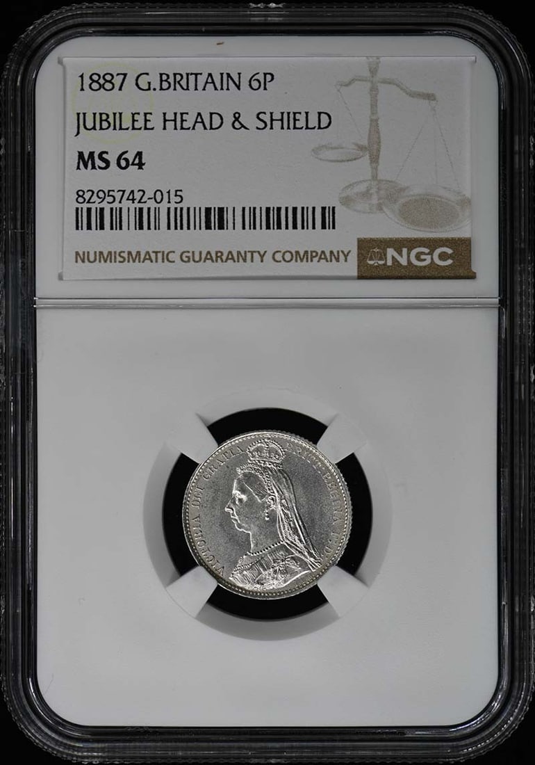 1887 Silver Sixpence Victoria Jubilee Head NGC MS64 United Kingdom: 1887 Silver Sixpence Victoria Jubilee Head NGC MS64 United Kingdom This 1887 Great Britain Victoria Jubilee Head & Shield silver sixpence is an un-used coin graded MS64 by NGC. It features the Jubilee
