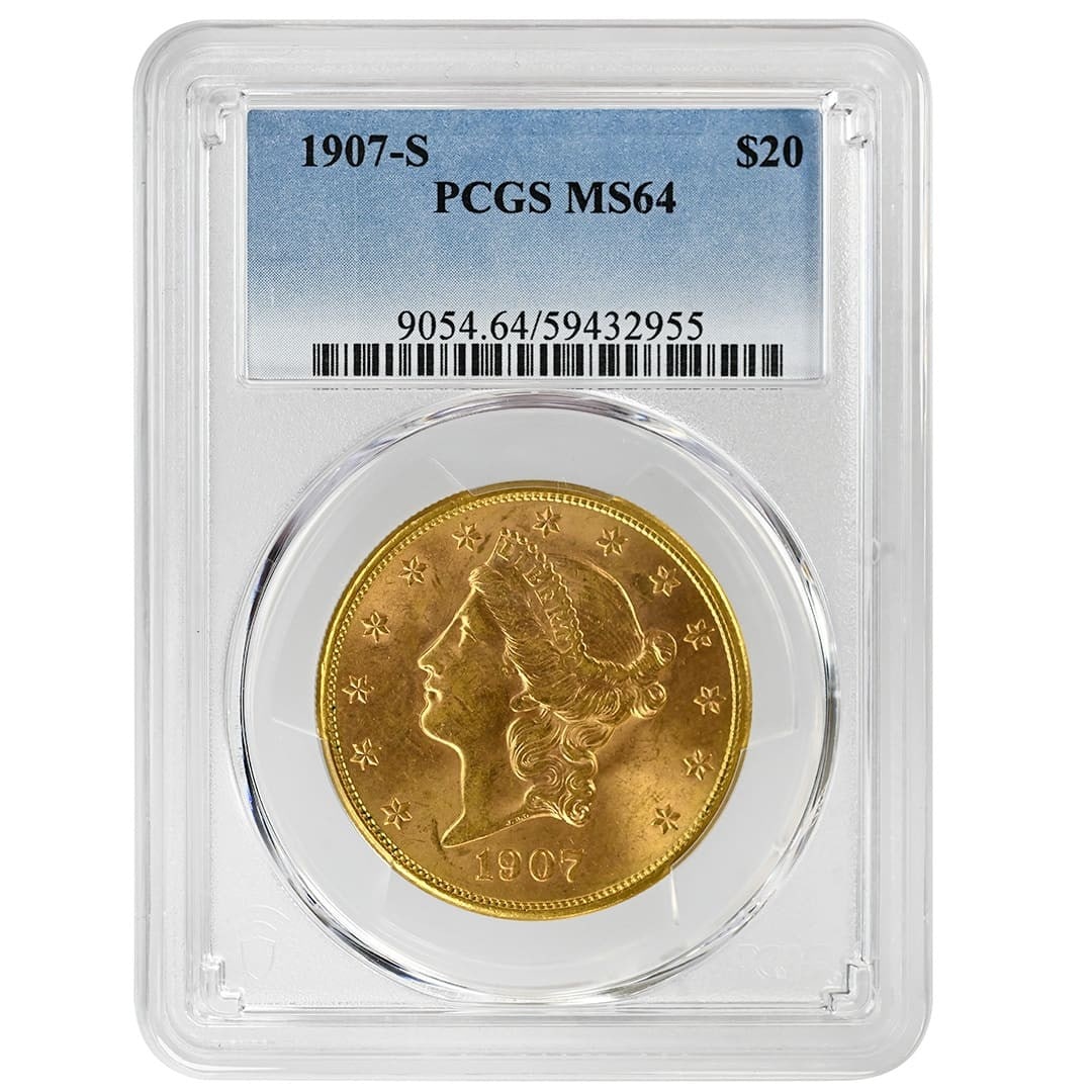 PCGS MS64 1907S $20 Liberty Head Double Eagle Gold Type 3: PCGS MS64 1907S $20 Liberty Head Double Eagle Gold Type 3 1907-S Liberty Head Double Eagle Type 3 gold coin graded PCGS MS64. This pre-owned United States $20 coin was minted in San Francisco and feat