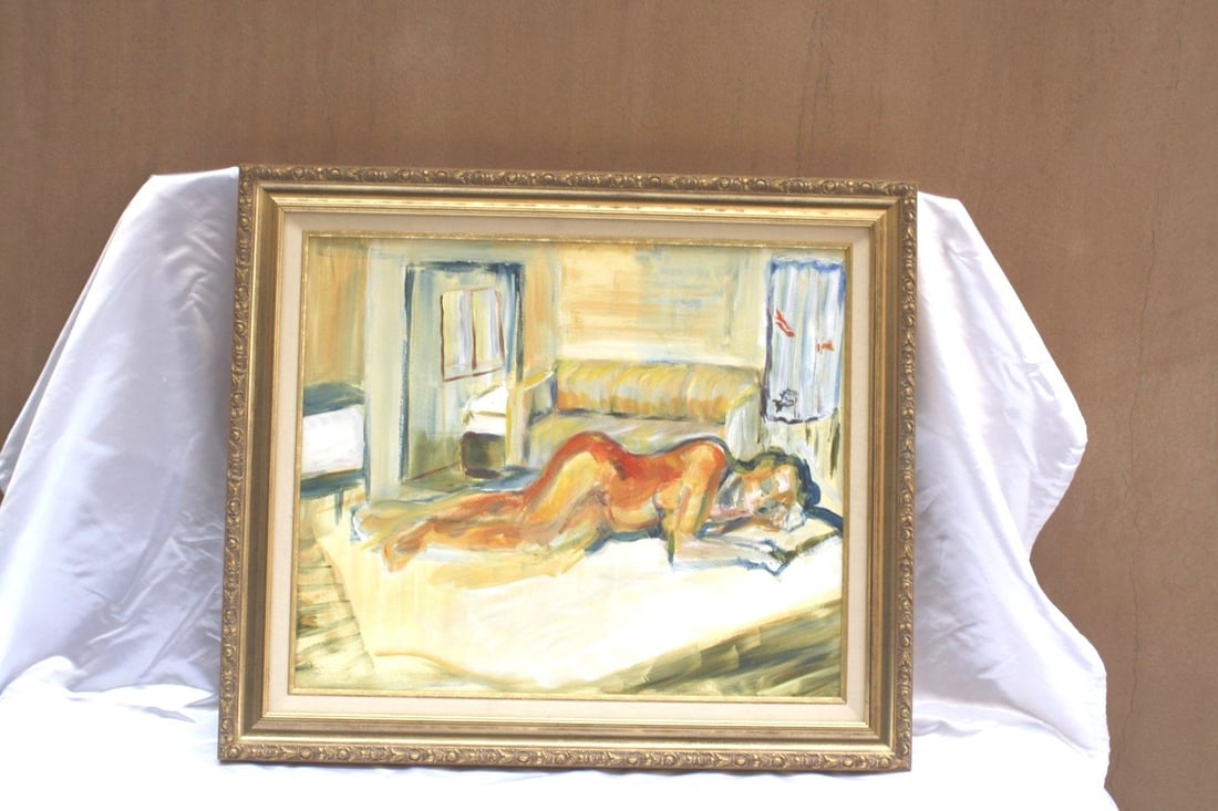 French Original Oil Painting Nude Sleeping Girl in Gold Leaf Frame: French Original Oil Painting Nude Sleeping Girl in Gold Leaf Frame Experience the allure of this magnificent French oil on canvas painting, showcasing a nude sleeping girl in the Impressionist style. 