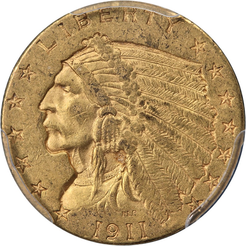 1911-P $2.50 Indian Head Gold Coin PCGS AU55: 1911-P $2.50 Indian Head Gold Coin PCGS AU55 This 1911-P Indian Gold $2.50 coin is graded AU55 by PCGS and features a well-struck design with appealing color and surfaces. The coin is composed of gold