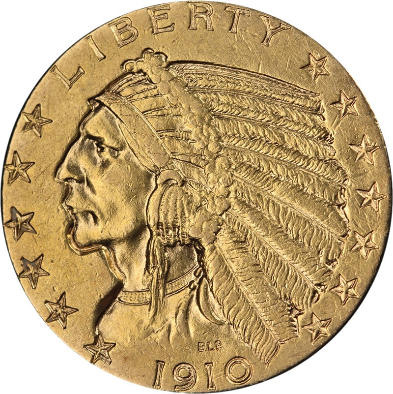 1910 Indian Head $5 Gold Coin XF AU Philadelphia Mint: 1910 Indian Head $5 Gold Coin XF AU Philadelphia Mint This 1910-P Indian Gold $5 coin features attractive eye appeal, strong luster, and a well-defined strike. The coin displays pleasing color and sur