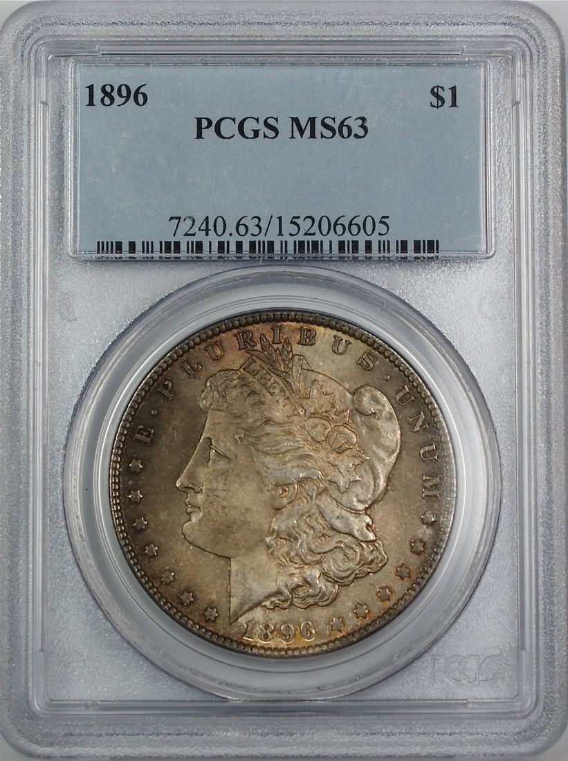 PCGS MS-63 1896 Morgan Silver Dollar with Toning: PCGS MS-63 1896 Morgan Silver Dollar with Toning 1896 Morgan Silver Dollar graded by PCGS MS-63 and described as toned on both the obverse and reverse. The coin is uncirculated and pre-owned, with Phi
