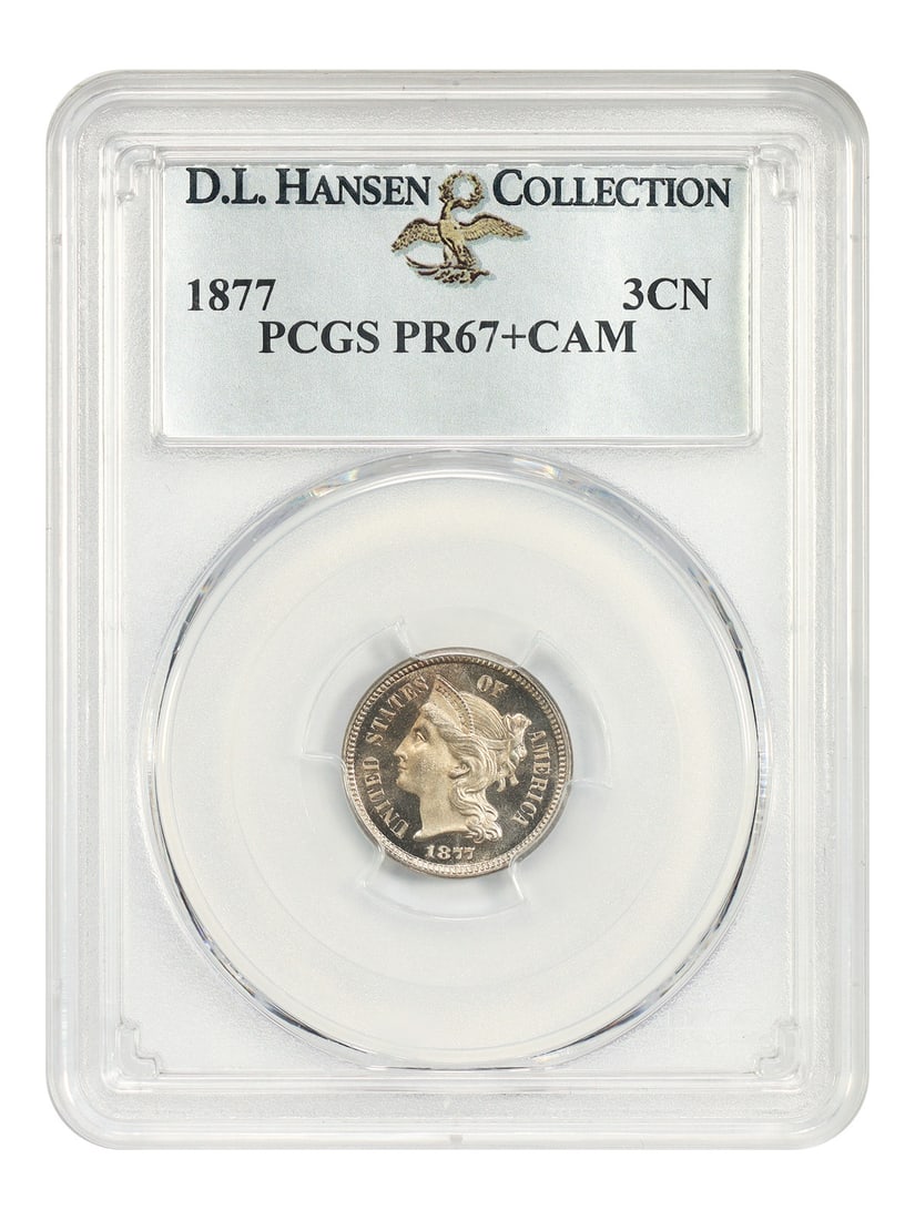 PCGS PR67+CAM 1877 Three Cent Nickel ex D.L. Hansen: PCGS PR67+CAM 1877 Three Cent Nickel ex D.L. Hansen 1877 Three Cent Nickel certified by PCGS as PR67+CAM. This proof-only issue had a mintage of just 510 coins, and very few survive with any amount of