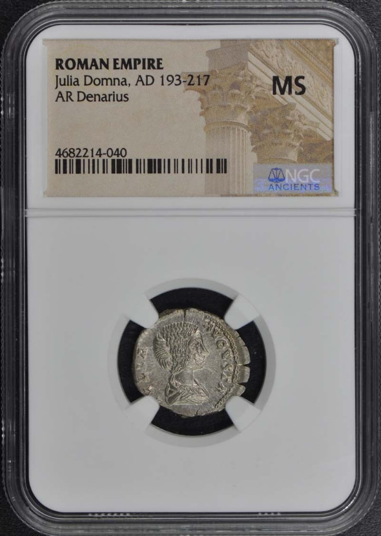 Julia Domna AR Denarius Roman Empire NGC MS60 Coin: Julia Domna AR Denarius Roman Empire NGC MS60 Coin This Ancient Roman AR Denarius features Julia Domna, who reigned from AD 193 to 217 during the Roman Empire. Certified by NGC with a grade of MS60, t