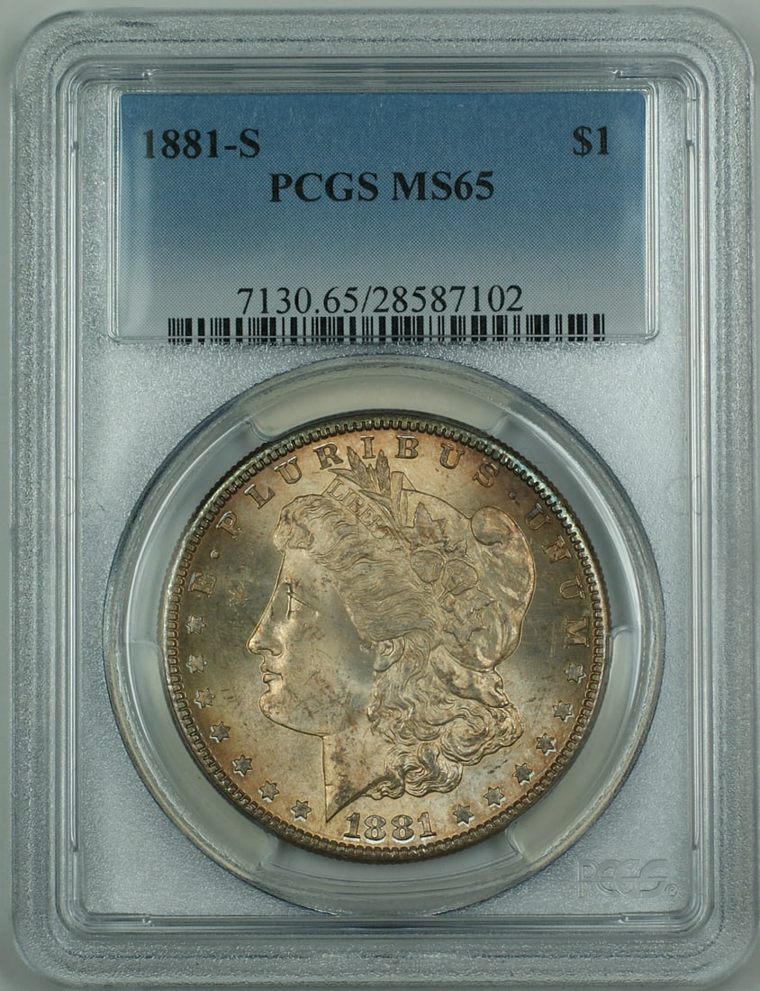 PCGS MS-65 1881-S Morgan Silver Dollar Toned: PCGS MS-65 1881-S Morgan Silver Dollar Toned This 1881-S Morgan Silver Dollar is graded MS-65 by PCGS and features attractive toning. Struck in San Francisco, this uncirculated coin is composed of sil