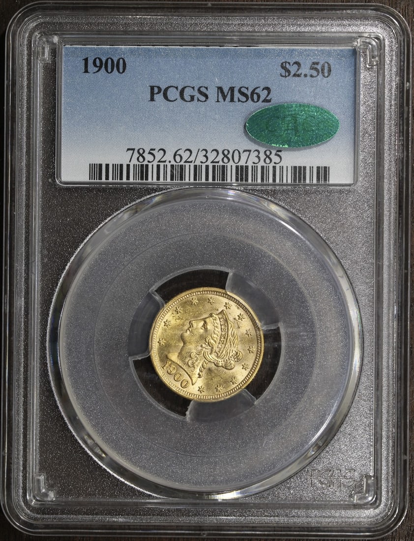 1900 Liberty Head Quarter Eagle $2.50 Gold Coin MS62 CAC PCGS: 1900 Liberty Head Quarter Eagle $2.50 Gold Coin MS62 CAC PCGS 1900 Liberty Head Gold Quarter Eagle $2.50 graded MS62 by PCGS with CAC designation. This pre-owned United States gold coin features the L
