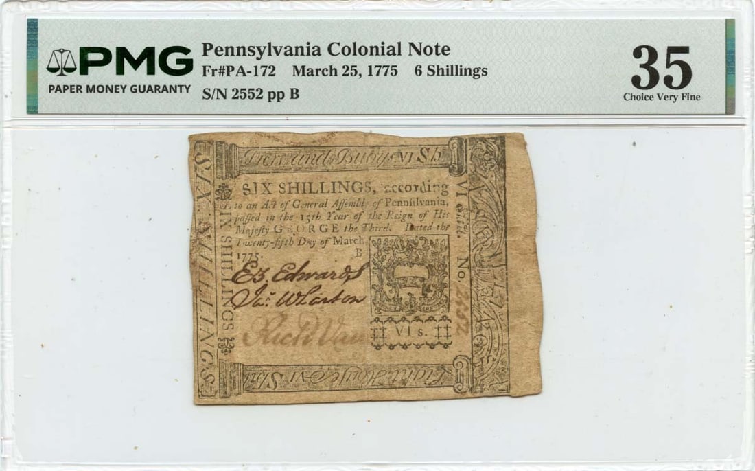 Pennsylvania Colonial Currency 6s Note dated March 25 1775 PMG VF35 FR#PA-172: Pennsylvania Colonial Currency 6s Note dated March 25 1775 PMG VF35 FR#PA-172 1775 Pennsylvania colonial note dated March 25 and graded PMG VF35. This pre-owned, circulated piece is identified as FR#P