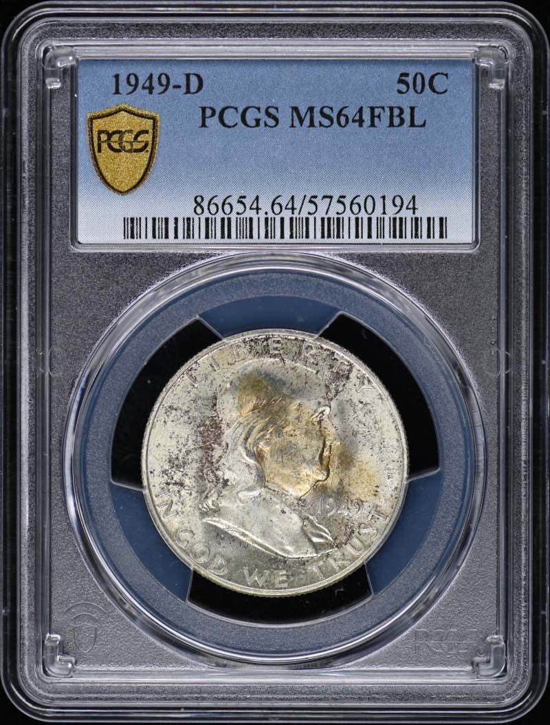 1949-D Franklin Half Dollar PCGS MS64 FBL Uncirculated: 1949-D Franklin Half Dollar PCGS MS64 FBL Uncirculated This 1949-D Franklin Half Dollar is certified by PCGS with a grade of MS64 and a designation of FBL (Full Bell Lines). It was minted in Denver an