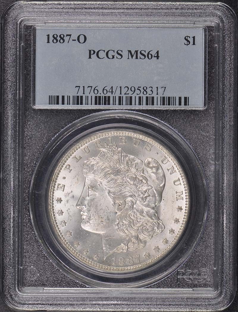 1887-O Morgan Dollar PCGS MS64 Uncirculated New Orleans: 1887-O Morgan Dollar PCGS MS64 Uncirculated New Orleans This 1887-O Morgan Dollar is certified by PCGS with a grade of MS64, indicating it is in uncirculated condition. Minted in New Orleans, this coi