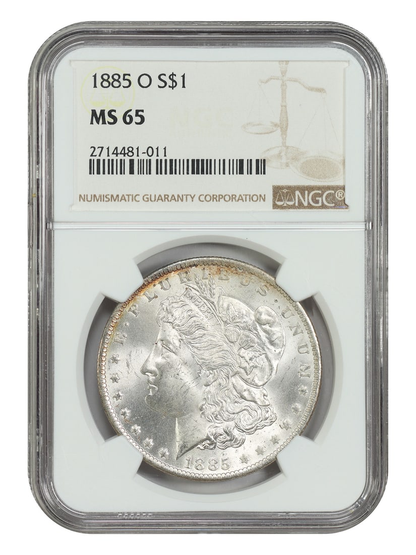 NGC MS65 1885 O Mint Morgan Silver Dollar $1: NGC MS65 1885 O Mint Morgan Silver Dollar $1 1885-O Morgan Dollar certified by NGC as MS65. This uncirculated New Orleans issue is a popular O-Mint Morgan silver dollar. The original description notes