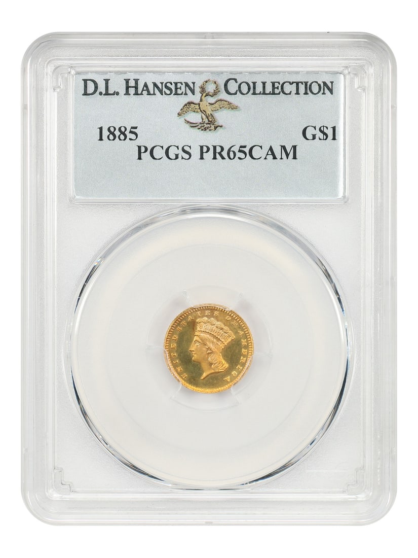 1885 Gold Dollar G$1 PCGS PR65CAM ex D.L. Hansen: 1885 Gold Dollar G$1 PCGS PR65CAM ex D.L. Hansen 1885 Gold Dollar certified by PCGS as PR65CAM, ex: D.L. Hansen. The Philadelphia Mint produced 1,105 Proof gold dollars in 1885, but only about one thi