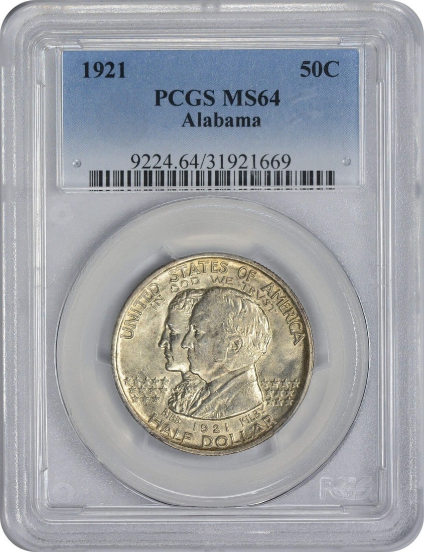1921 Alabama Commemorative Silver Half Dollar MS64 PCGS 90% Silver: 1921 Alabama Commemorative Silver Half Dollar MS64 PCGS 90% Silver This 1921 Alabama Commemorative Silver Half Dollar is a remarkable collectible piece, certified by PCGS with a grade of MS64. Struck 