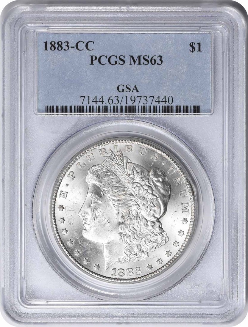 1883-CC Morgan Silver Dollar MS63 PCGS Uncirculated Coin: 1883-CC Morgan Silver Dollar MS63 PCGS Uncirculated Coin This 1883-CC Morgan Silver Dollar is a stunning example of American coinage, graded MS63 by PCGS, indicating its uncirculated condition. Struck
