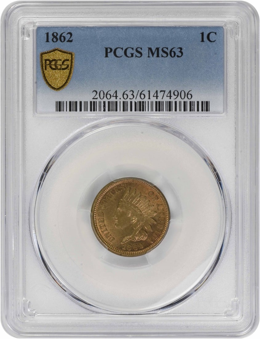PCGS MS63 1862 Indian Head Small Cent: PCGS MS63 1862 Indian Head Small Cent 1862 Indian Head Small Cent graded MS63 by PCGS. This uncirculated copper coin is a pre-owned United States issue with no mint mark and KM number 90. It is encaps