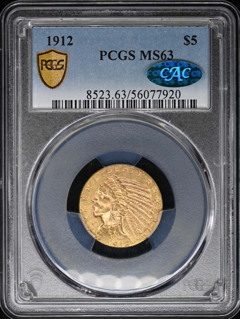 1912 Indian Head $5 Coin PCGS MS63 CAC Certified: 1912 Indian Head $5 Coin PCGS MS63 CAC Certified This 1912 Indian Head $5 coin, certified by PCGS with a grade of MS63, is a remarkable addition to any collection. This uncirculated coin features exqu