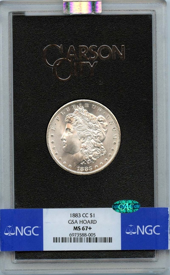 NGC MS67+ CAC 1883 Carson City Morgan Silver Dollar GSA Hoard: NGC MS67+ CAC 1883 Carson City Morgan Silver Dollar GSA Hoard 1883-CC Morgan Dollar from the GSA Hoard, graded MS67+ by NGC with CAC approval. This uncirculated United States silver dollar is a pre-ow