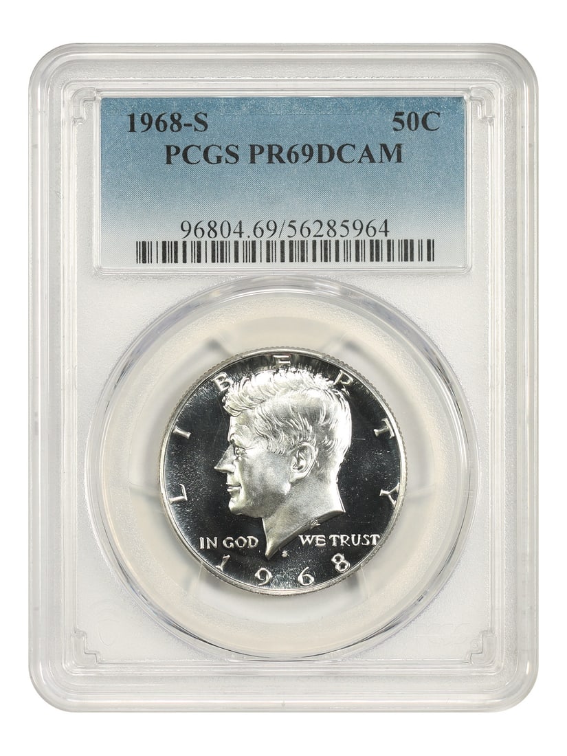 Kennedy Half Dollar 1968-S 50C PCGS PR69DCAM: Kennedy Half Dollar 1968-S 50C PCGS PR69DCAM 1968-S Kennedy Half Dollar certified by PCGS as PR69DCAM. This uncirculated proof coin is a pre-owned example. Specifications Denomination: 50C Year: 1968 
