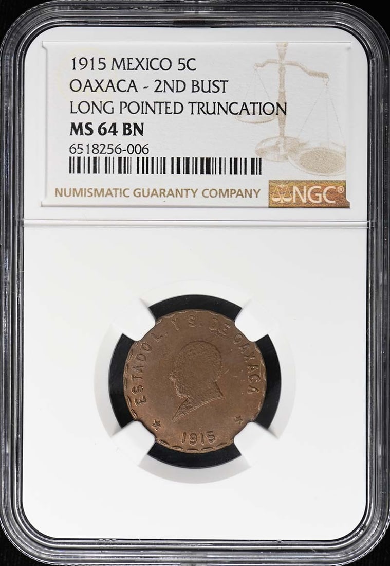 Mexico Oaxaca 1915 5C KM-717 GB-308 NGC MS64BN Coin: Mexico Oaxaca 1915 5C KM-717 GB-308 NGC MS64BN Coin 1915 Mexico Oaxaca 5 centavos coin, certified by NGC and graded MS64BN. This pre-owned example is listed as uncirculated. Specifications Country of 