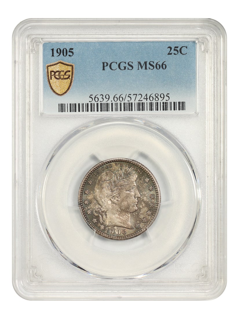 PCGS MS66 1905 Barber Quarter 25C Philadelphia Mint: PCGS MS66 1905 Barber Quarter 25C Philadelphia Mint 1905 Barber Quarter in 25C denomination, minted in Philadelphia and certified by PCGS as MS66. The coin is uncirculated and described as an underrat