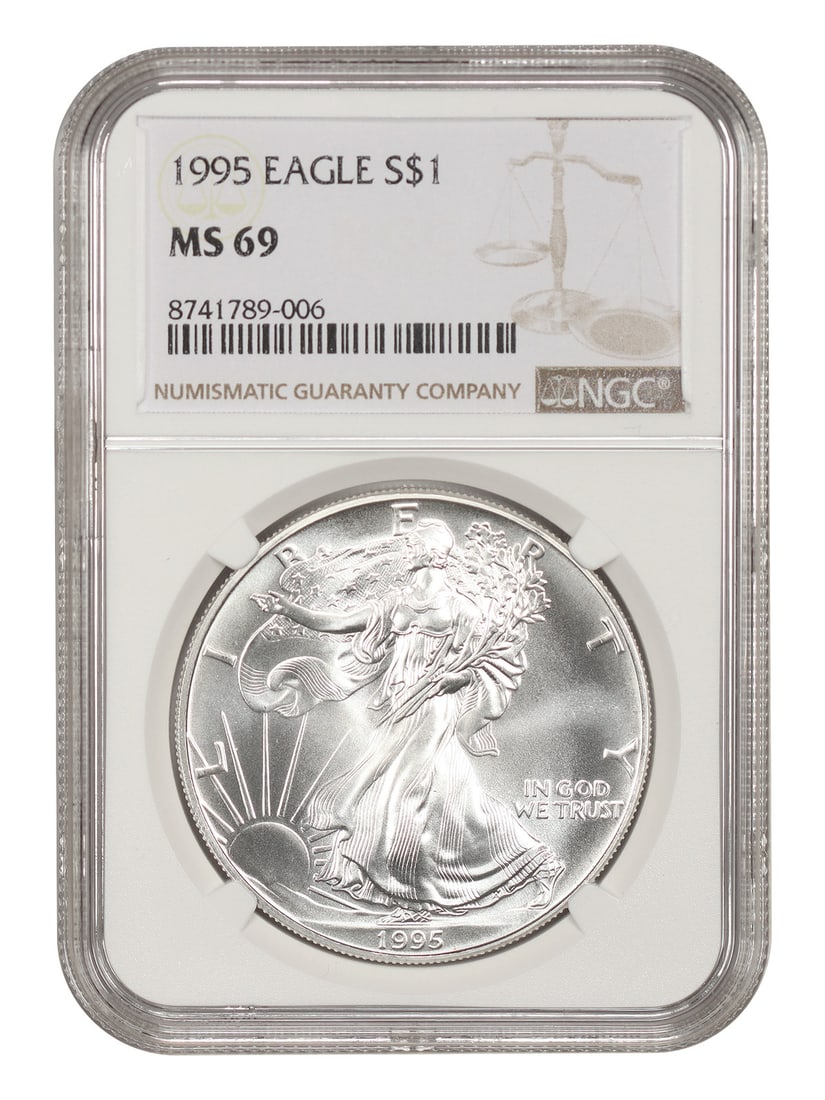 NGC MS69 1995 $1 Silver Eagle Coin Uncirculated: NGC MS69 1995 $1 Silver Eagle Coin Uncirculated 1995 $1 Silver Eagle certified by NGC with an MS69 grade. This uncirculated coin was minted in Philadelphia and is listed in pre-owned condition. Specif