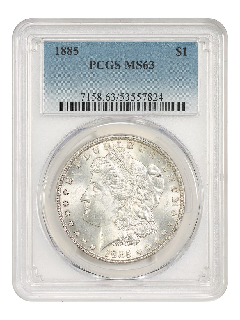 PCGS MS63 1885 Morgan Dollar $1 Philadelphia Mint: PCGS MS63 1885 Morgan Dollar $1 Philadelphia Mint 1885 Morgan Dollar certified by PCGS and graded MS63. Struck in Philadelphia, this uncirculated $1 coin is identified by certification number 53557824