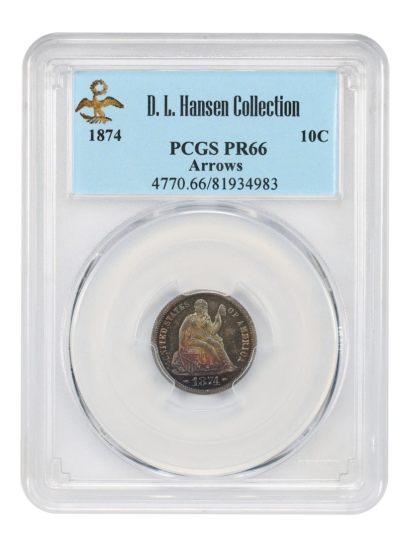 PCGS PR66 1874 Liberty Seated Dime 10C Arrows ex D.L. Hansen: PCGS PR66 1874 Liberty Seated Dime 10C Arrows ex D.L. Hansen 1874 Liberty Seated Dime, Arrows subtype, certified PCGS PR66. This Philadelphia proof issue was struck for only two years, and this exampl