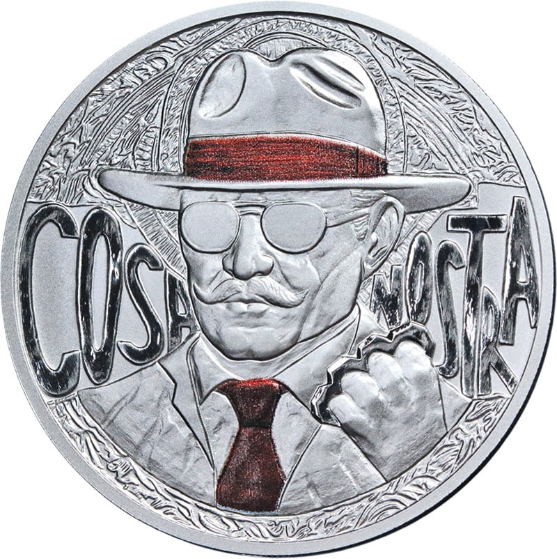 2025 Czech Mint Cosa Nostra Silver Reverse Proof Coin: 2025 Czech Mint Cosa Nostra Silver Reverse Proof Coin This 2025 1 Ounce Silver World Gangs Cosa Nostra Reverse Proof coin is a striking piece featuring superb eye appeal, fantastic luster, and a stron