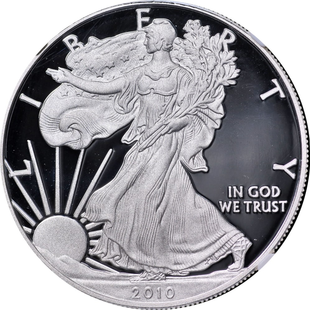 NGC PF70 Ultra Cameo 2010-W Silver American Eagle Dollar: NGC PF70 Ultra Cameo 2010-W Silver American Eagle Dollar This 2010-W Silver American Eagle $1 coin is certified by NGC with a PF70 Ultra Cameo grade and designated as an Early Release. The coin is com
