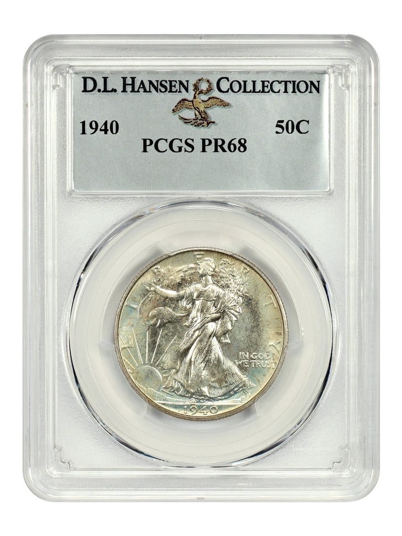 PCGS PR68 1940 Walking Liberty Half Dollar 50C ex D.L. Hansen: PCGS PR68 1940 Walking Liberty Half Dollar 50C ex D.L. Hansen 1940 Walking Liberty Half Dollar graded PCGS PR68, ex: D.L. Hansen. This uncirculated proof issue has a mintage of 11,279 coins, and PCGS 