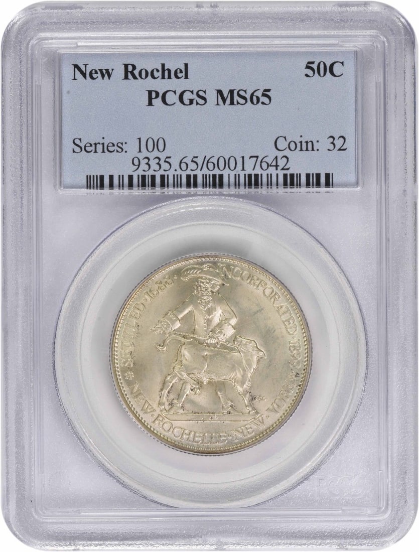 1938 New Rochelle Half Dollar PCGS MS65 Silver Commemorative Coin: 1938 New Rochelle Half Dollar PCGS MS65 Silver Commemorative Coin This 1938 New Rochelle Commemorative Half Dollar is graded MS65 by PCGS. Struck at the Philadelphia Mint, the coin is composed of 90% 