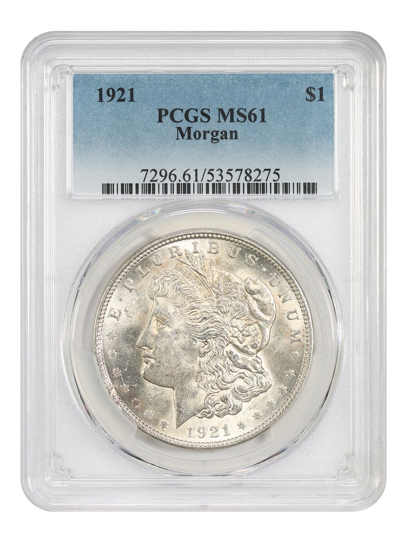 PCGS MS61 1921 Morgan Dollar Philadelphia $1 Coin: PCGS MS61 1921 Morgan Dollar Philadelphia $1 Coin 1921 Morgan Dollar certified by PCGS in MS61 condition. This uncirculated coin is the final year of issue for the Morgan dollar and represents the las