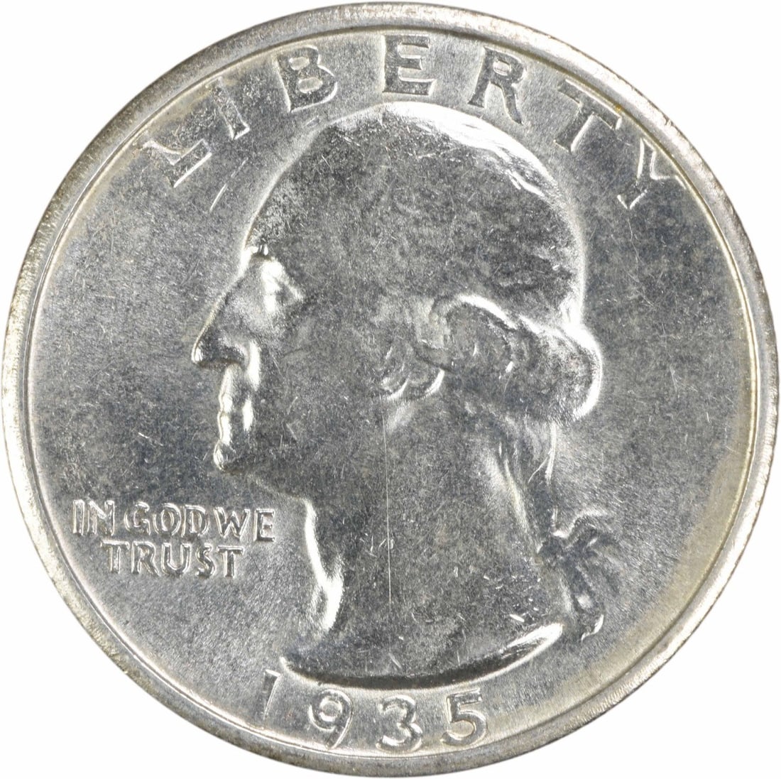 1935-S Washington Silver Quarter Choice BU+ Uncertified: 1935-S Washington Silver Quarter Choice BU+ Uncertified This 1935-S Washington Quarter is an uncirculated silver coin from the United States. It is a Choice Brilliant Uncirculated (BU+) example and ha