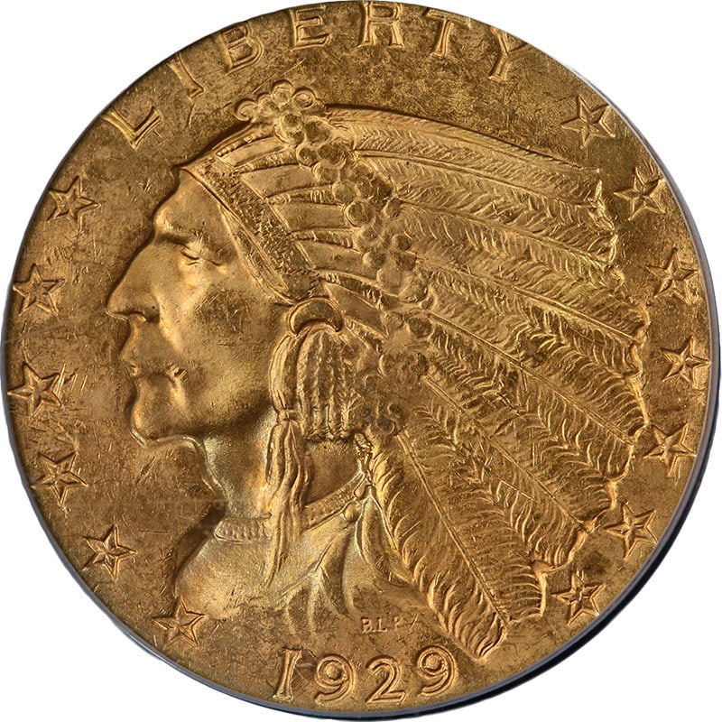1929 $2.50 Gold Indian Coin PCGS MS63 Uncirculated: 1929 $2.50 Gold Indian Coin PCGS MS63 Uncirculated This original 1929 Indian Gold $2.50 coin is certified by PCGS with a grade of MS63. It features attractive eye appeal, strong luster, and a well-def
