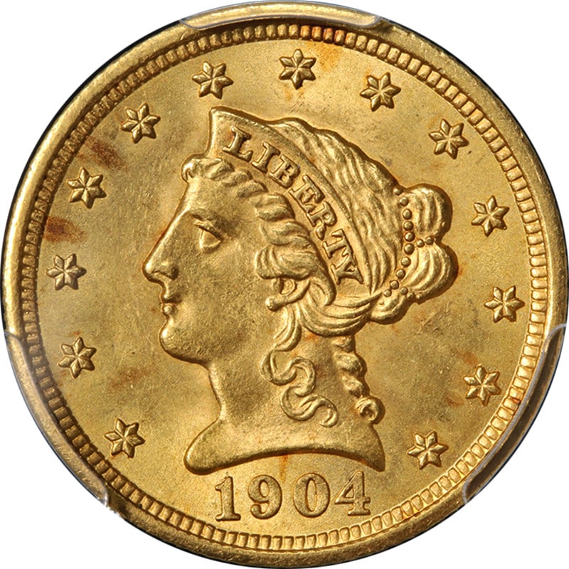 PCGS MS64 1904 Liberty $2.50 Gold Coin: PCGS MS64 1904 Liberty $2.50 Gold Coin This 1904 Liberty Gold $2.50 coin is graded MS64 by PCGS, indicating an uncirculated condition with superb eye appeal. The coin features fantastic luster, a stro