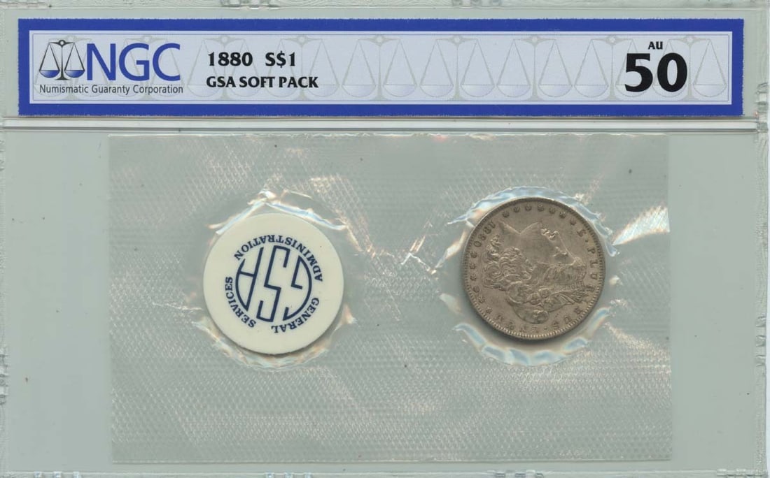 NGC AU50 1880 Morgan Dollar S$1 GSA Soft Pack: NGC AU50 1880 Morgan Dollar S$1 GSA Soft Pack 1880 Morgan Dollar in circulated, pre-owned condition, graded AU50 by NGC. This example is housed in a GSA soft pack and represents a United States S$1 Mo