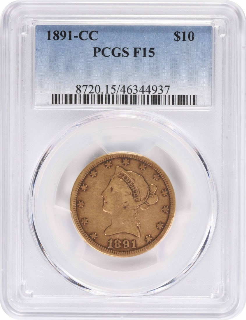 PCGS F15 1891 CC Liberty Head $10 Gold Eagle: PCGS F15 1891 CC Liberty Head $10 Gold Eagle 1891-CC $10 Liberty Head gold coin graded F15 by PCGS. This pre-owned, circulated United States coin features the Carson City issue and carries the denomin