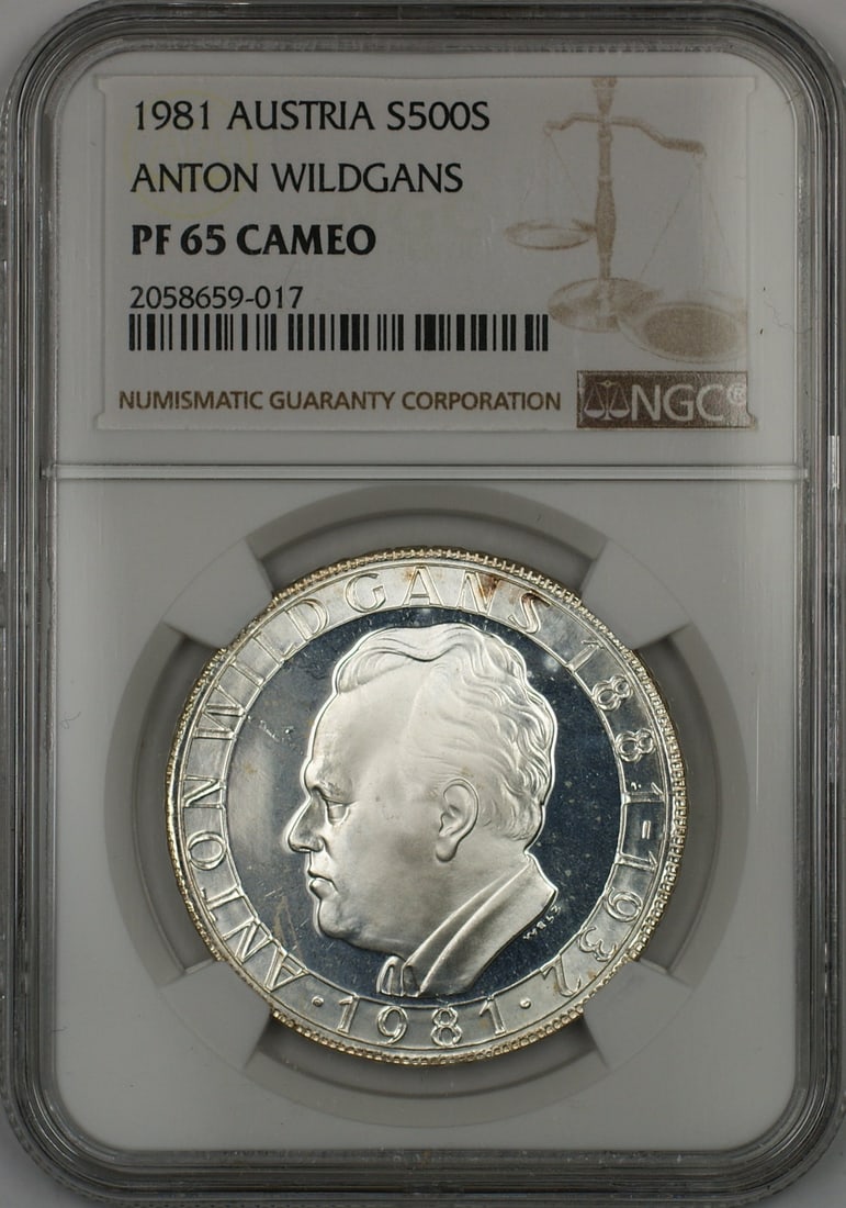1981 Silver 500 Schillings Austria Anton Wildgans Proof Coin NGC PF-65: 1981 Silver 500 Schillings Austria Anton Wildgans Proof Coin NGC PF-65 This is a 1981 Austria 500 Schillings Anton Wildgans proof coin composed of silver. The coin has been certified by NGC with a gra