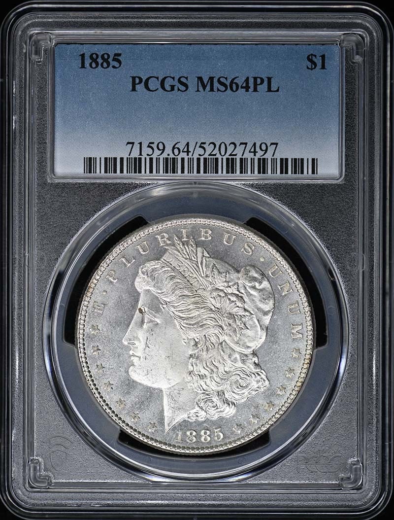 PCGS MS64PL 1885 Morgan silver dollar: PCGS MS64PL 1885 Morgan silver dollar This 1885 Morgan Dollar is certified by PCGS with a grade of MS64PL, indicating a proof-like finish. The coin is uncirculated and originates from the Philadelphia