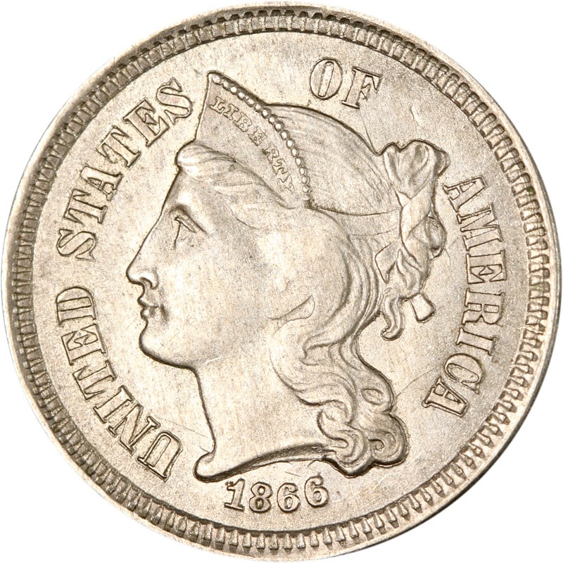 United States 1866 Three Cent Nickel Circulated Coin Uncertified: United States 1866 Three Cent Nickel Circulated Coin Uncertified This is an 1866 Three Cent Nickel coin from the United States. The coin is composed of nickel and is in circulated, pre-owned condition