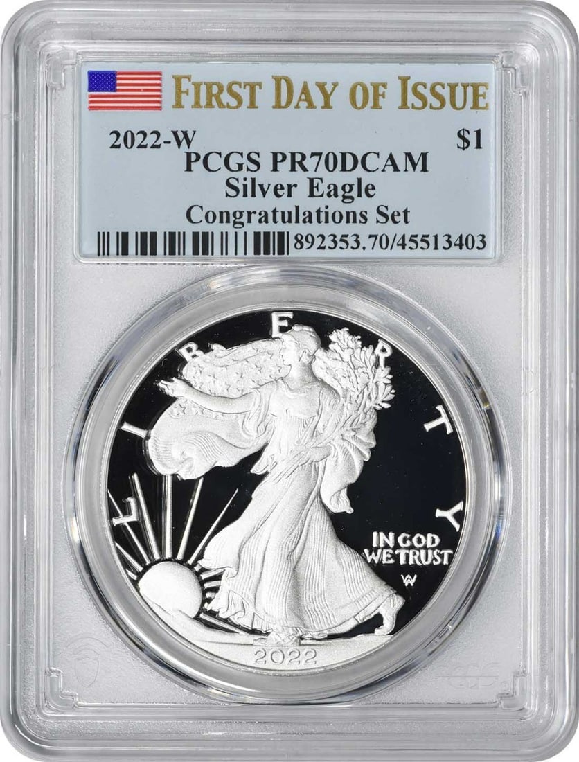 2022-W PCGS PR70DCAM Silver Eagle Congratulations Set: 2022-W PCGS PR70DCAM Silver Eagle Congratulations Set This 2022-W American Silver Eagle is a proof coin from the Congratulations Set, certified by PCGS with a perfect PR70DCAM grade. Struck at the Wes