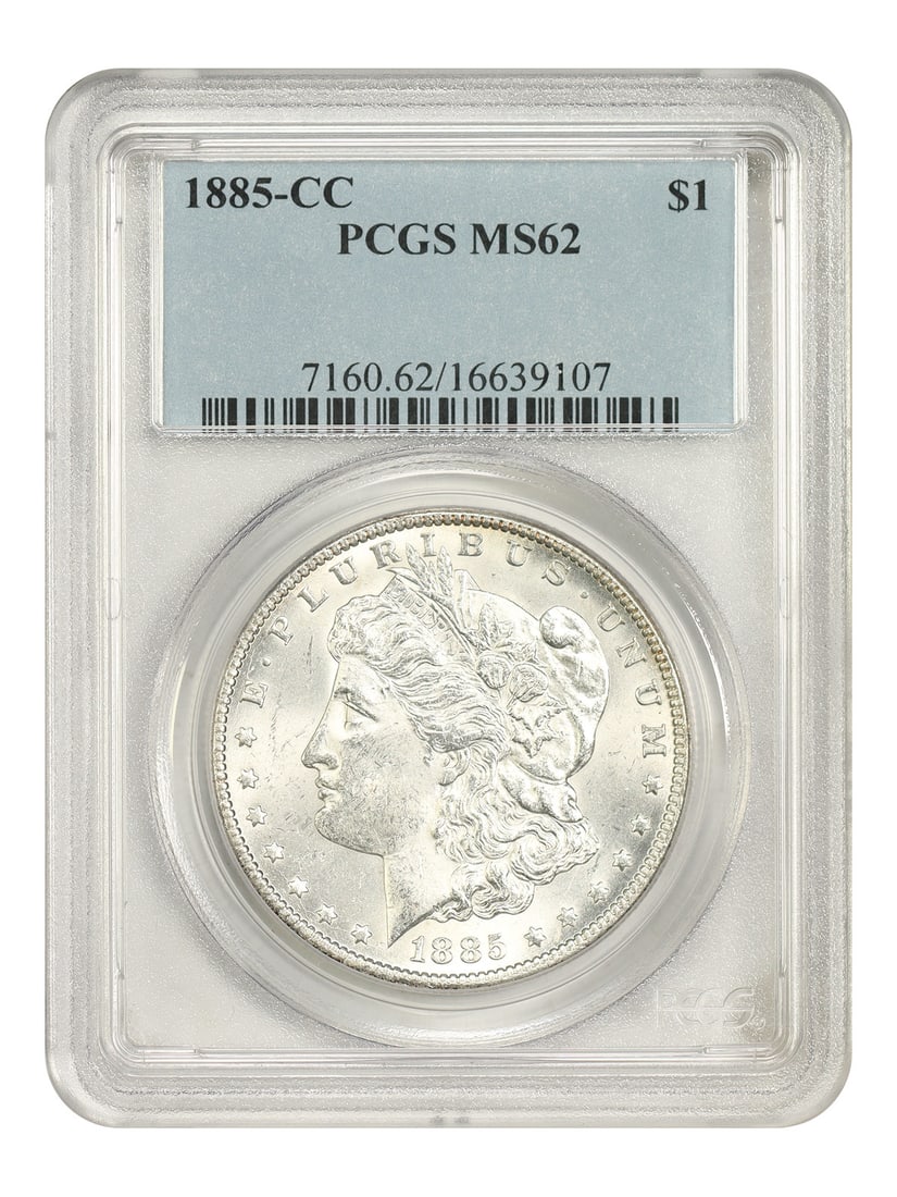 PCGS MS62 1885-CC Morgan Silver Dollar Carson City $1 Coin: PCGS MS62 1885-CC Morgan Silver Dollar Carson City $1 Coin 1885-CC Morgan Dollar certified by PCGS as MS62. This uncirculated Carson City issue is noted in the original listing as the lowest mintage C