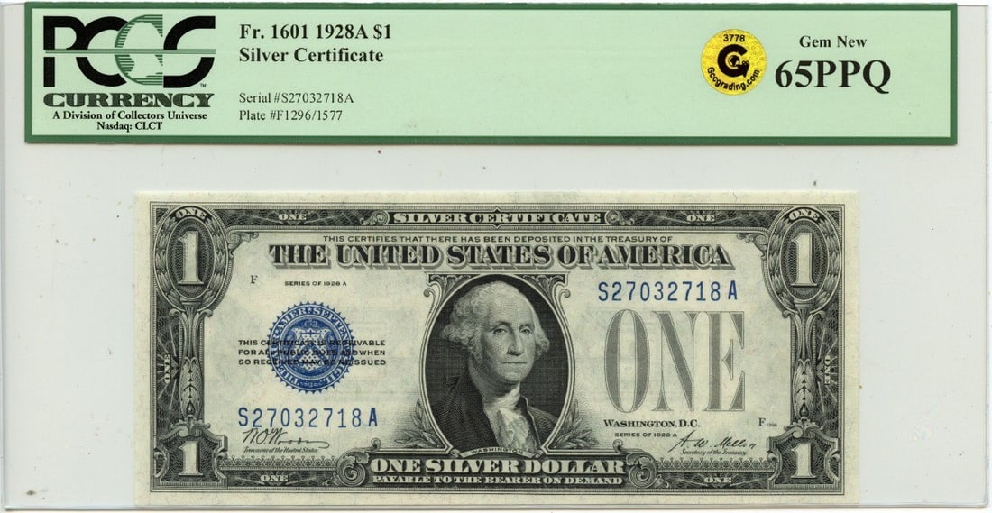 1928A $1 Silver Certificate Fr#1601 PCGS GEM 65 PPQ: 1928A $1 Silver Certificate Fr#1601 PCGS GEM 65 PPQ This 1928A $1 Silver Certificate, designated as Fr#1601, is a remarkable piece of currency certified by PCGS. With a grade of GEM 65 PPQ, it showcas