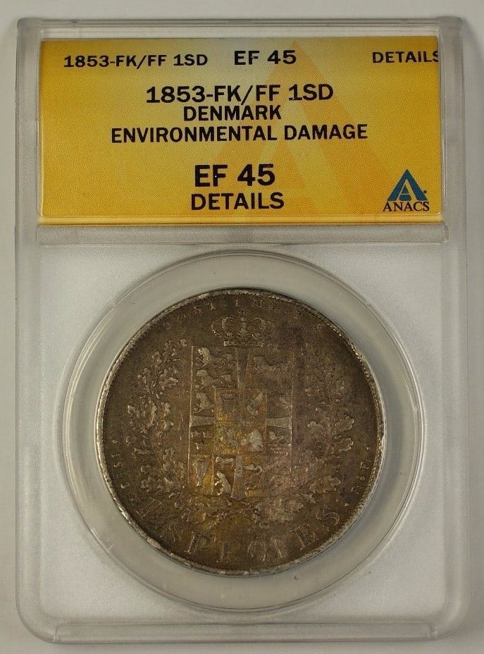 Denmark 1853 Specie Daler Silver Coin ANACS XF 45 Details Environmental Damage: Denmark 1853 Specie Daler Silver Coin ANACS XF 45 Details Environmental Damage This is an 1853-FK/FF Denmark Specie Daler silver coin certified by ANACS with a grade of EF-45 Details, indicating envir